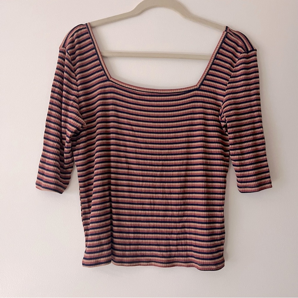 American Eagle Stripe Quarter Sleeve Top Blue Yellow Red Soft & Sexy